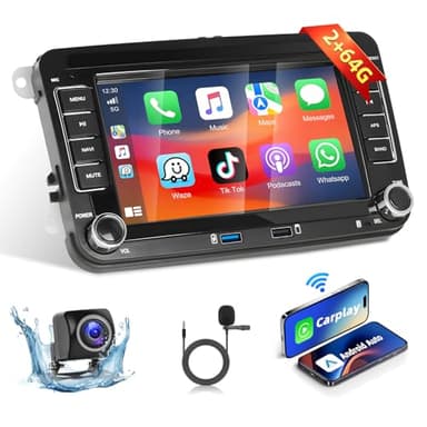 Podofo 2+64G Autoradio pour VW Golf 5 6 Polo Seat Skoda avec Apple Carplay sans Fil, 7 Pouces Android 13 Radio avec écran, Bluetooth, WiFi, GPS, RDS + Caméra Arrière et Microphone