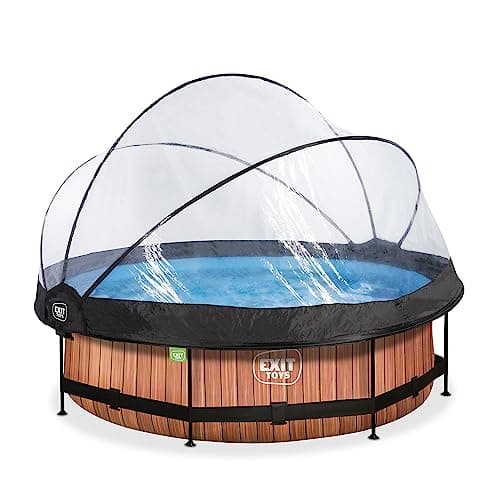 EXIT Toys Piscine Tubulaire Wood avec Dôme Multifonctionnel - ø300x76cm - Piscine Hors Sol Ronde avec Pompe Filtrante à Cartouche - Entrée Basse - pour l'eau de la Piscine Propre et Chaude - Marron