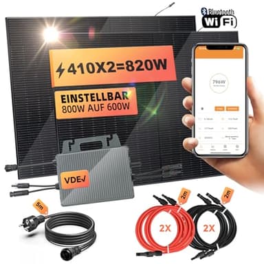 Panneau Solaire Plug and Play 800W, Panneau Solaire 1000w Complet, Kit Solaire Autoconsommation, Panneau Solaire 405W X2, Onduleur 600/800W X1, Câble de 5M X1, Surveillance WIFI.