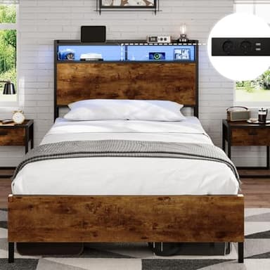 DICTAC Lit 90x200cm en Métal, Lits Simple avec lumières LED et 2Ports USB et Prise de Courant, Cadre de lit 90x200cm en métal avec tête de lit, Lits 1 Personne Une Place à Lattes, Marron Vintage/Noir