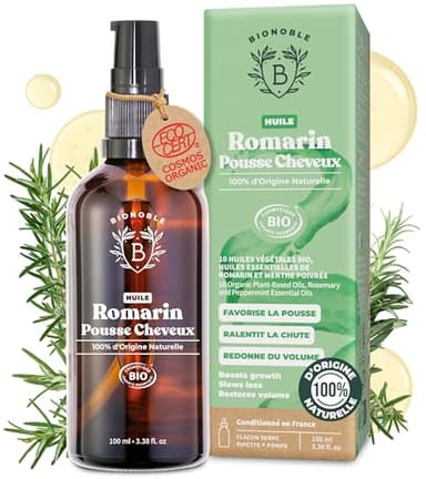 BIONOBLE Huile de Romarin pour Cheveux Bio - Favorise la Pousse et Ralentit la Chute - Huile Essentielle Romarin, Ricin, Argan et Jojoba - Rosemary Oil for Hair Growth - Flacon Verre + Pipette - 100ml