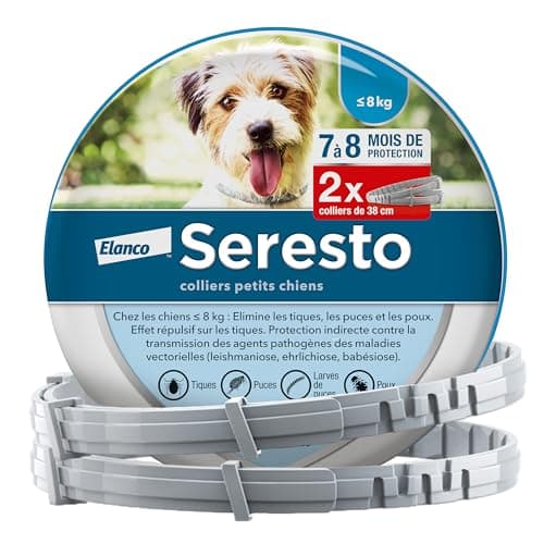 Seresto Collier Petits Chiens – 2 Colliers anti puces et anti tiques pour petits chiens de moins de 8 kg – Collier Seresto pour chien 7 à 8 mois de protection, réduit le risque de leishmaniose – Gris