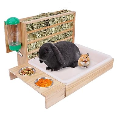 MOGOULUA 4 en 1 Mangeoire à Foin pour Lapin avec Bac à Litière Bouteille d'eau Gamelles pour Hamster Support à Foin pour Petits Animaux de Compagnie Gamelle pour Cochon d'Inde