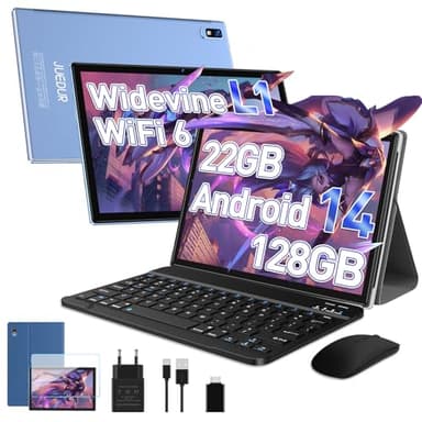 Tablette Android 14, tablette tactile, Tablette 10 Pouces, 22Go RAM 128Go ROM (1TB TF), Widevine L1|8000mAh|Octa-Core|2.0Ghz|5G WiFi 6|8MP+5MP|BT 5.0|Tablette avec Clavier, Etui et Souris, Bleu