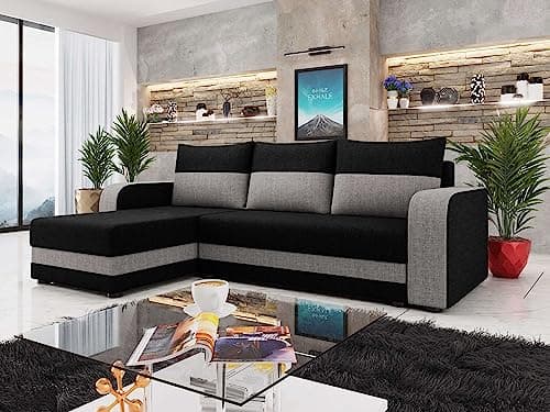 Best Mobilier - Harvey - canapé d'angle réversible - Convertible - avec Coffre - en Tissu - 4 Places - Style Contemporain, Noir/Gris