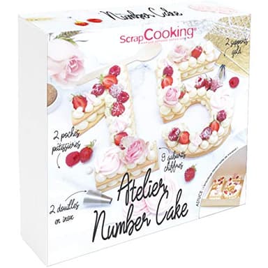 ScrapCooking - Coffret Atelier Number Cake - Kit Accessoires Pâtisserie Chiffres 0 à 9 de 21cm avec Douilles, Poches, Supports Dorés - Pour Dessert Gâteau d’Anniversaire & Fêtes - Avec Recettes - 3810