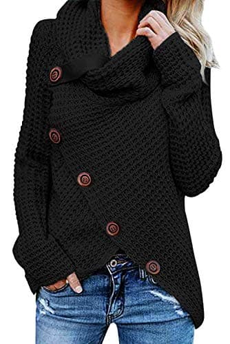 Tuopuda Femme Pull à Manches Longues Chandail Elégant Pullover Col Roulé Hauts Tricot Sweater avec Boutonné Croisé Tricot Décontracté Ourlet Asymétrique Automne Hiver, Nior, M