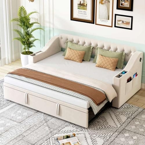 KOMHTOM Canapé lit 2 Places Convertible avec Rangement et Port de Charge, Lit 90/180x190cm avec lit gigogne (Matelas Non Inclus) (Beige)