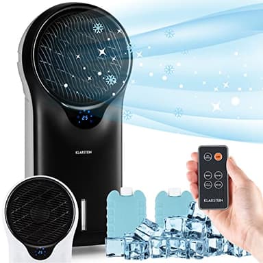 Klarstein Climatiseur Mobile 3 en 1, Climatiseur Portable avec Humidificateur, Ventilateur, Climatiseur Mobile Sans Évacuation, 2 Pack Glacons, Minuterie, 3 Modes, 90W, Puissant Débit d'Air 1600m³/h