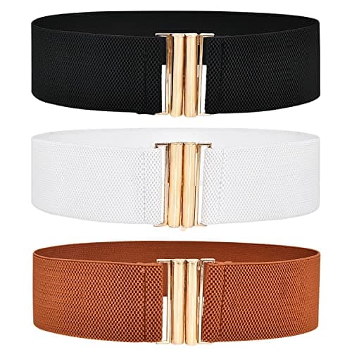 DUOXIN Lot de 3 Ceintures Extensible pour Femme, Ceintures de Taille Emboîtement Large Élastique Sangle Rétro Ceinture Elastique (Noir/Brun/Blanc)