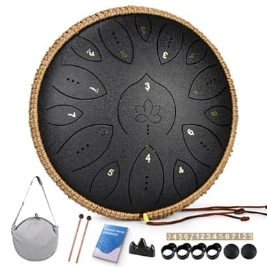 Tambour à langue en acier 33 cm 15 notes, tambour à main pour adultes 432 Hz, instrument de musique Handpan en do majeur avec livre de chansons, maillets et sac de transport, noir