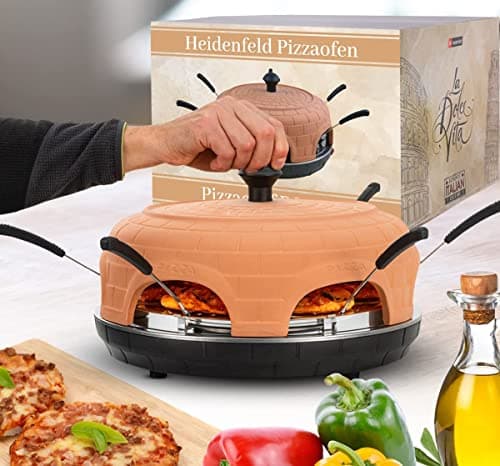 Heidenfeld Four à pizza Pizzachef | Place pour 6 personnes - Four à pizza électrique - 1000 Watt - Four à raclette avec toit en terre cuite - Incluse Pizzamaker avec spatules à pizza