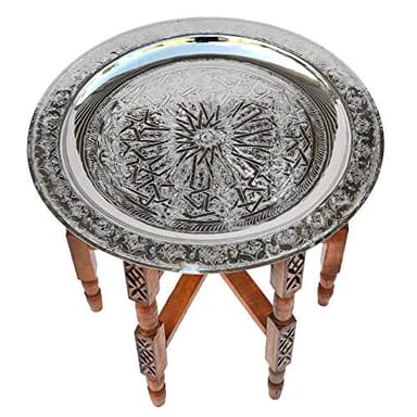 Table orientale en laiton argenté, plateau en bois de cèdre Ø 50 cm pour votre salon | Antique Vintage Marocain Table d'appoint Table basse 100 % artisanale traditionnelle
