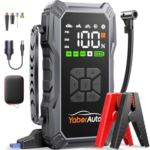 Booster Batterie Voiture avec Compresseur D’Air 150PSI, 5500A YaberAuto Booster Batterie Voiture Puissant (Tous Gaz/Diesel 10L) Démarreur avec Charge Rapide 18W, DC 150W LED 4 Modes 3,3 Grand Écran