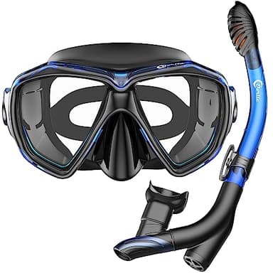 Dorlle Masque de Plongée, Le Masque Plongee étanche est en Verre Trempé, Anti-buée et étanche, équipé d'un Tube de Respiration sèche de Haute Qualité à 3 Canaux pour Adultes, Bleu et Noir