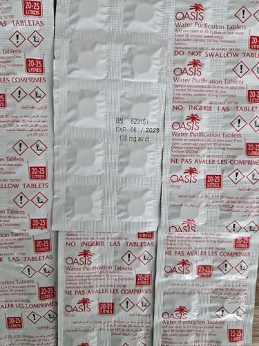 Oasis – Pastilles purifiantes d'eau, 100 unités de 167 mg, possible de purifier jusqu’à 2000 L