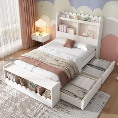 Zubaliya Lit Enfant 90x190 cm avec 2 tiroirs,étagère et Banc avec Rangement,Cadre de lit en Bois avec sommier à Lattes,Blanc(sans Matelas)