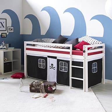 Homestyle4u Lit Mezzanine Enfant 90x200 cm Blanc avec Rideau Noir | lit d'enfant Bois Massif de pin | sans sommier