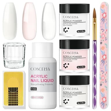 COSCELIA Kit d'Ongles Acryliques 3*8g Acrylique Professionnel Blanc, Rose et Transparent 30ml Monomère Kit Acrylique pour Extension d'Ongles Acryliques Cadeau pour Débutants