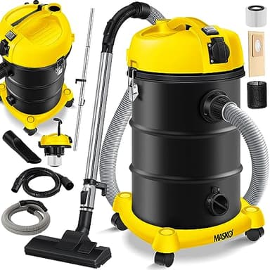 Masko® Aspirateur Industriel 6IN1 Aspirateur Eau et poussière Aspirateur Aspirateur à Cendres 2 300 W + Prise électrique Fonction soufflage Aspiration à Sec et Aspiration de l'eau (Gelb)