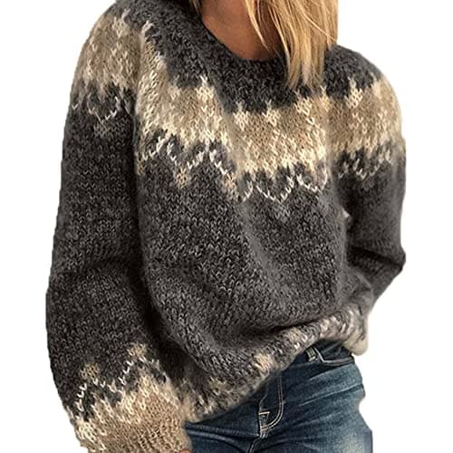 BeerMmay Femmes Automne Hiver Col Rond Casual Lâche Mohair Tricot épais Jacquard Femmes Pull, Noir, S