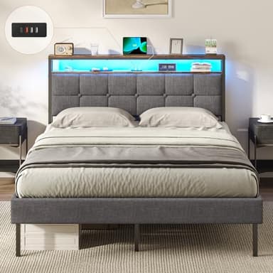 AOGLLATI Lit 2 Personnes avec Multiprise et LED Réglable,Cadre de Lit 140x190 avec Sommier Métal,Capitonnée en Lin Gris, sans Matelas