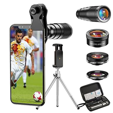 Apexel Cell Phone Camera Lens-22X téléobjectif+25X Macro Lens+120 ° Wide Angle Lens + 205 ° Fisheye 4 in 1 Phone Lens Kit avec trépieds pour iphone 11 Pro Huawei P30 Samsung
