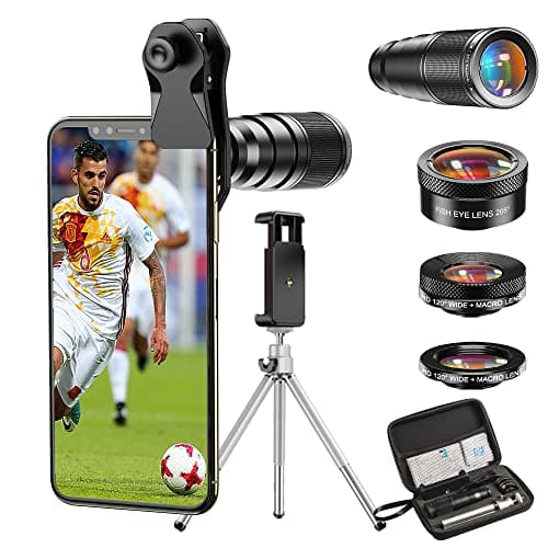 Apexel Cell Phone Camera Lens-22X téléobjectif+25X Macro Lens+120 ° Wide Angle Lens + 205 ° Fisheye 4 in 1 Phone Lens Kit avec trépieds pour iphone 11 Pro Huawei P30 Samsung
