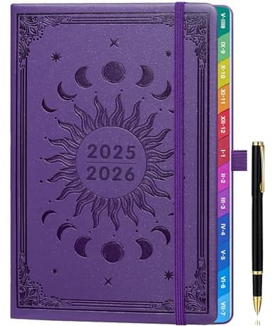 Agenda 2025-2026 Semainier A5 – Planification Hebdomadaire & Mensuelle, avec Onglets Colorés, Pages en Couleurs, Couverture en Similicuir, Pochette de Rangement (Août 2025 - Juillet 2026) - Violet