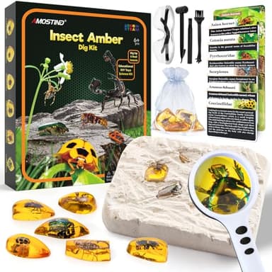 AMOSTING Science et Jeu - Pierre précieuse d'ambre - fossiles d'insectes en résine Artificielle - kit de fouille avec Outil de creusement, loupe, Guide d'étude et Pochette - pour Enfant 6+ Ans