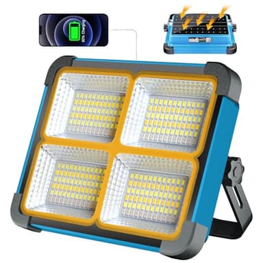 ErayLife Projecteur LED Rechargeable 100W, Projecteur LED Chantier Portable Batterie 10000mAh, Lampe de Travail 288 LEDs 5 Modes d'éclairage, Panneau Solaire, Absorption d'aimant pour Garage, Camping