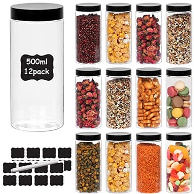 HYCKee Lot de 12 bocaux en plastique avec couvercles noirs, 500 ml pour épices et aliments secs, collations, haricots, 1 stylo et 20 étiquettes