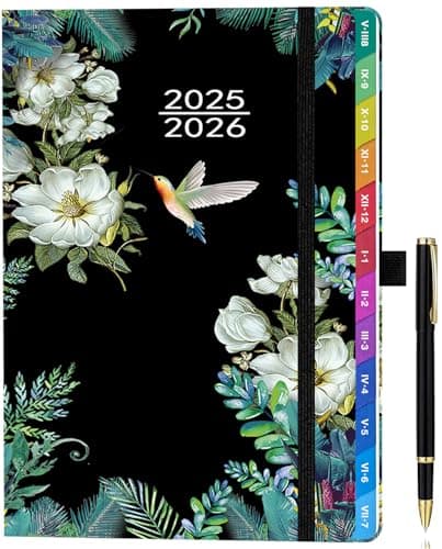 Agenda 2025-2026 Semainier A5 – Planificateur Hebdomadaire & Mensuel, avec Onglets Couleur, Pages en Couleur, Couverture en Cuir PU, Pochette de Rangement et Stylo (Août 2025 - Juillet 2026) - Noir