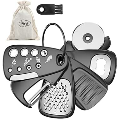 Pisol Kitchen Ensemble de gadgets uniques 6 pièces, gain de place, râpe à fromage, ouvre-bouteille, éplucheur de fruits et légumes, coupe-pizza, broyeur d'ail et de gingembre, décapant d'herbes