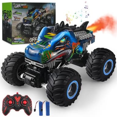 Rhybor Voiture Telecommandé 1:16 RC Dinosaures Monster Truck 2.4GHz 20 Km/h Voiture Radiocommandée Tout Terrain Brume de Pulvérisation Musique Lumières LED Cadeau Les Enfants de 4 5 6 8 Ans Rouge