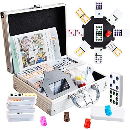 Kalolary Double 12 Jeu de Dominos du Train Mexicain, 91 Pièces Jeu de Dominos Traditionnel De Dominos Mexicain dans Un Coffret en Aluminium, avec Livret D'instructions et Blocs de Score