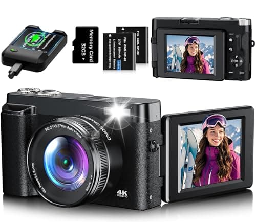 Appareil Photo Numérique 4K, Appareil Photo Compact 48MP avec Zoom 16X, Appareil Photo Compact avec écran Rabattable à 180°avec Autofocus, Carte mémoire 32G, 2 Batteries pour débutants（Noir）