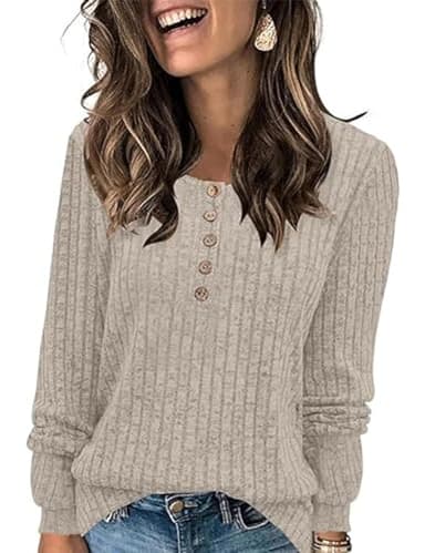 ABINGOO Femme Pulls Décontractés Léger Tunique à Manches Longues Sweatshirt Chic et Élégant Bouton Cou Couleur Unie Pullover Haut Tops(Kaki,XL)