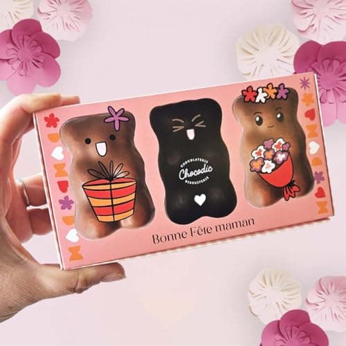 Fête des Mères, Maman - Coffret 3 Oursons XL guimauve vanille enrobé de chocolat lait et noir - Fabrication Artisanal