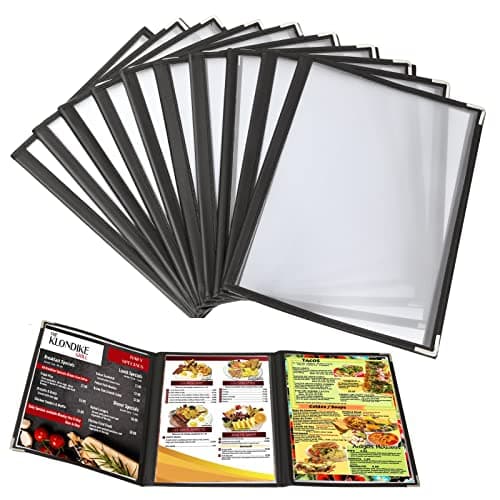 SENENQU Lot de 10 Protege Menu A4 Transparent, Porte Menu 3 Page Double Face, Pochette Menu Noir Menu des Plis avec Coins de Protection Inox - Protege Carte