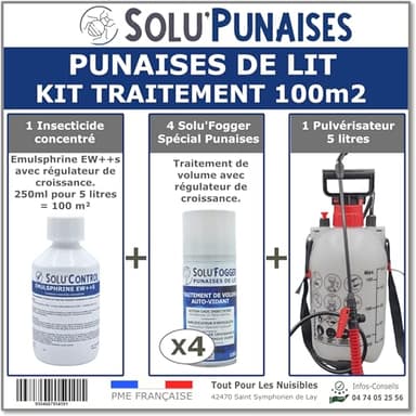 Kit de traitement Punaises de lit 100m² avec 1 Emulsphrine ew+s insecticide concentré, 4 one-shot Solu'Fogger, 1 pulverisateur 5 litres