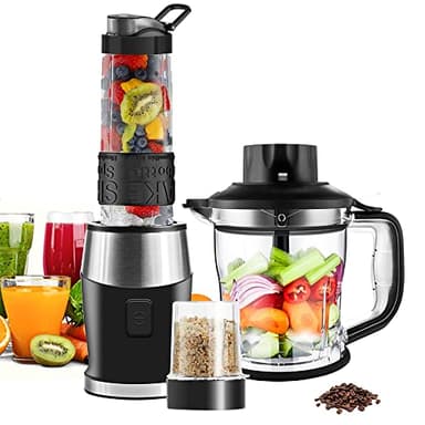 Blender Mixeur 3-en-1, 700W Blender Smoothie 24000 tours/min, avec pot de 1,2 L/bouteille de sport de 570 ml/tasse de broyage de 300 ml, sans BPA
