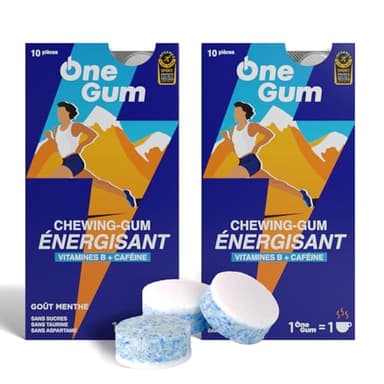 ONEGUM – Chewing-gums Énergisants goût Menthe – Booste l’Énergie – Riche en Caféine et en Vitamine B – Sans Sucre – Goût Menthe Extra Fraîche – Sport, Coup de Boost – 2 Paquets de 10 Chewing-gums