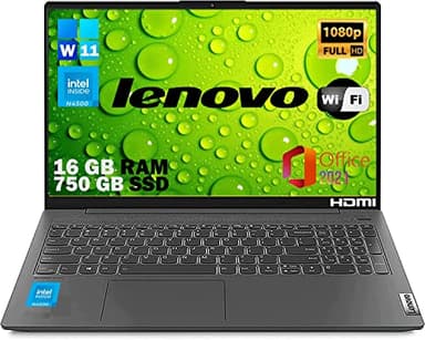 Lenovo, Ordinateur Portable Prêt à l'Emploi, Écran FHD 15,6", CPU Intel N4500, RAM 16 Go, SSD M2 750 Go, Windows 11 Pro, Ordinateur Portable avec Paquet Office 2021 et Souris