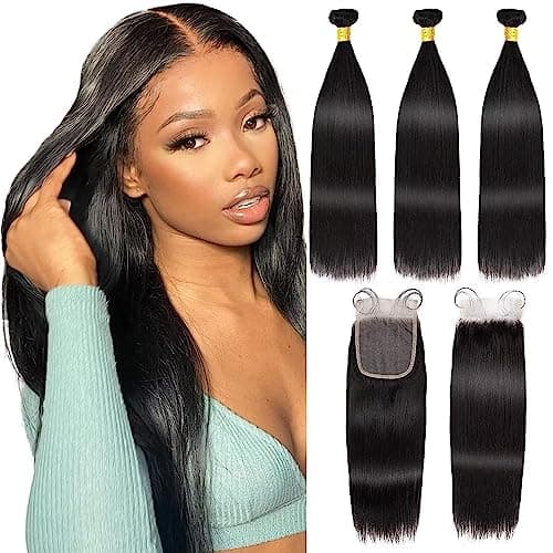 Tissage Bresilien avec Closure Cheveux Humains Raides 10 12 14+10 Pouce Straight Human Hair Bundles 100% Tissage Naturel Cheveux Humain Tissage Bresilienne Raides Tissage Cheveux Naturels