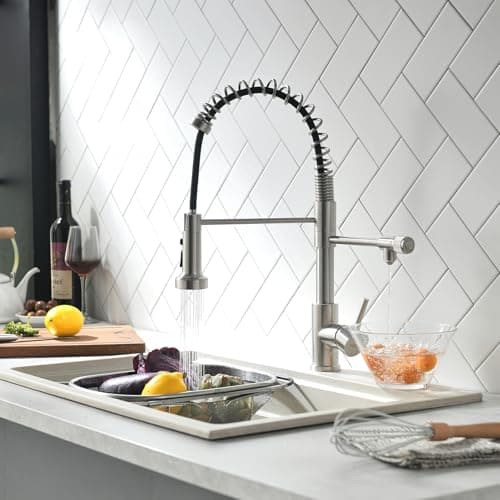 TIMACO Robinet de cuisine 3 voies avec douchette extensible, rotatif à 360°, avec robinet 3 en 1 pour filtre à eau, robinet à ressort hélicoïdal avec double levier, haute pression