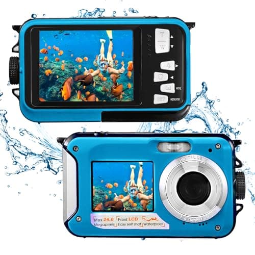 Appareil Photo numérique Etanche,Couleeur Camera Etanche Full HD 2.7K 48MP Double Ecran Anti-Vibrations,Selfie Double écrans 16X Zoom Appareil Photo Etanche pour Natation,Vacances(Bleu)
