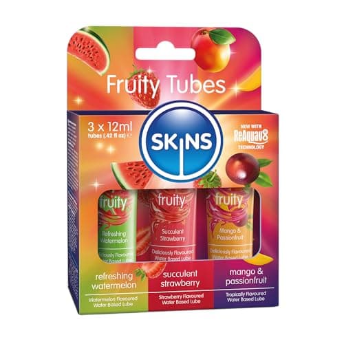 SKINS - 3X Lubrifiants à Base d'Eau Aromatisés - Lubrifiant Comestible et Léchouilles - Rafraîchissante Pastèque, Succulente Fraise et Mangue & Fruit de la Passion pour Plaisir Oral & Rapports Sexuels