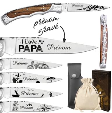 Couteau Marque Laguiole Bougna personnalisé avec dessin et prénom gravé - Cadeau pour homme : fête des pères, papa, grands pères (papi, papy) anniversaire, noël Cadeau Saint Valentin