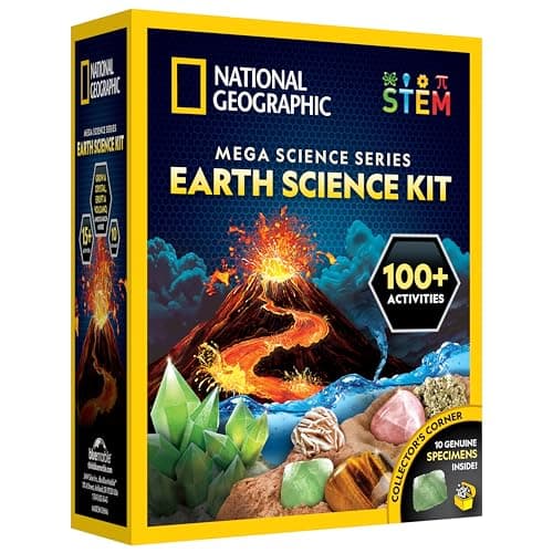 National Geographic Kit Scientifique – Plus de 15 Activités Scientifiques STEM – Culture de Cristal, Lave Volcanique, Kit de Fouille x2, 10 Spécimens Authentiques, EXCLUSIVITÉ Amazon